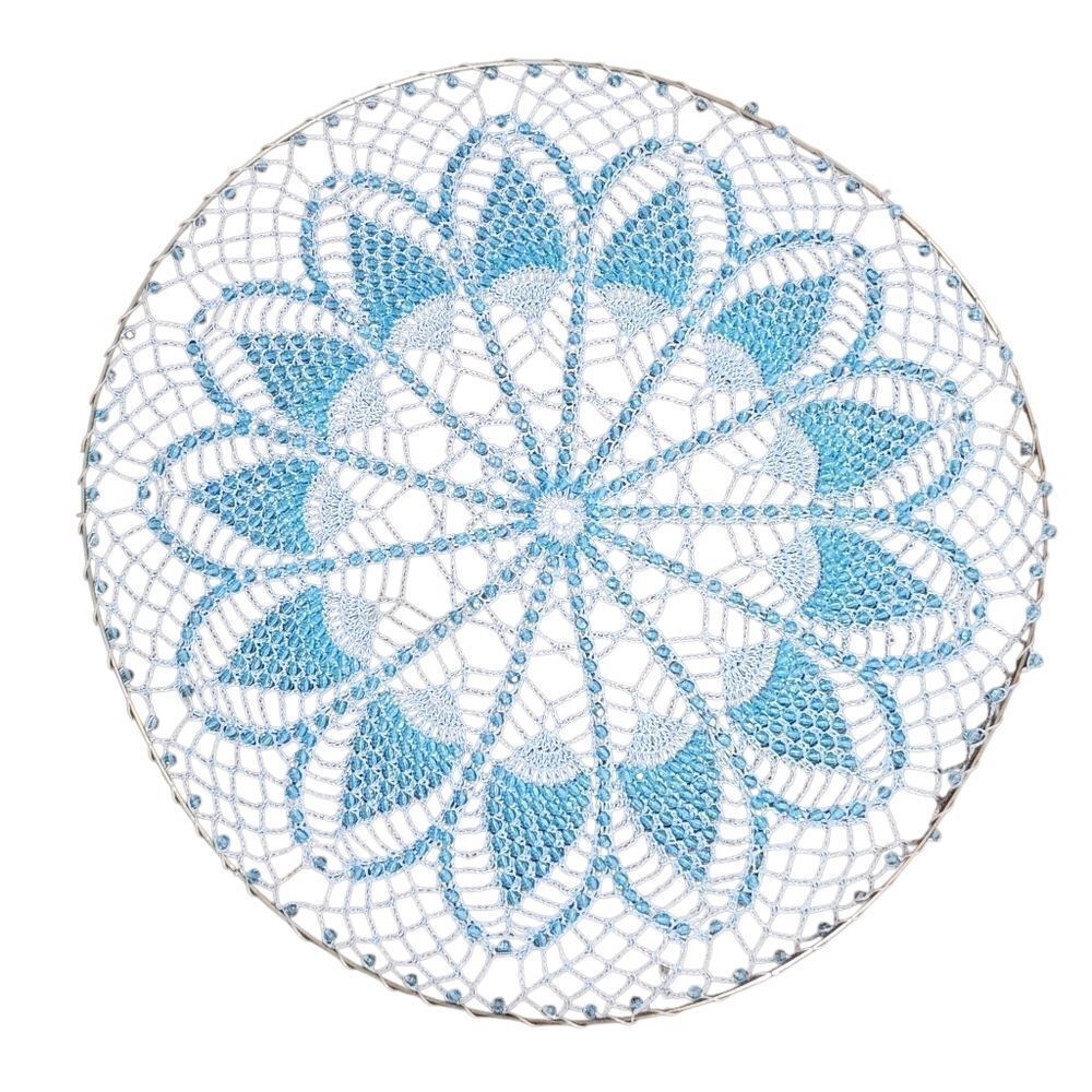 Handmade Crochet Snowflake Wall Hanging Blue Beaded 20 Inch on Metal Ring